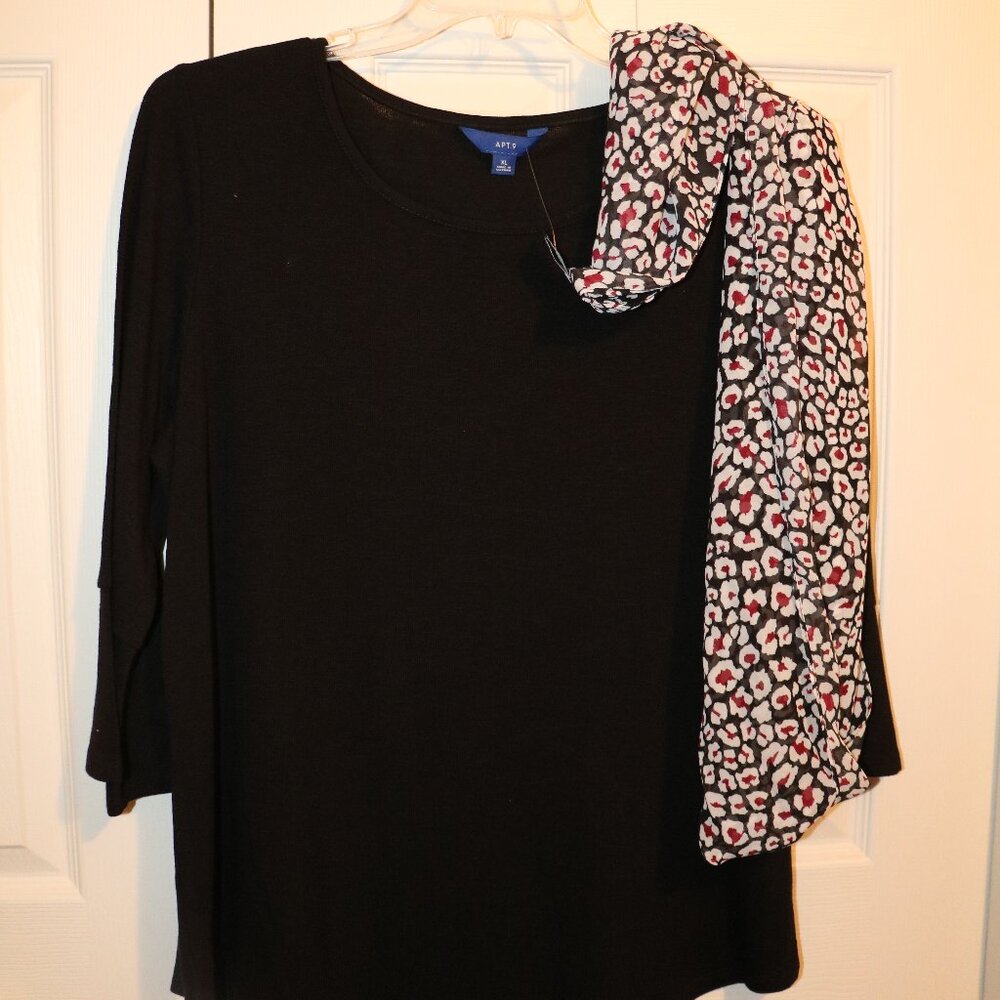 Womens Apt 9 Black Tunic top With Bell Sleeves XL with Scarf New with Tags